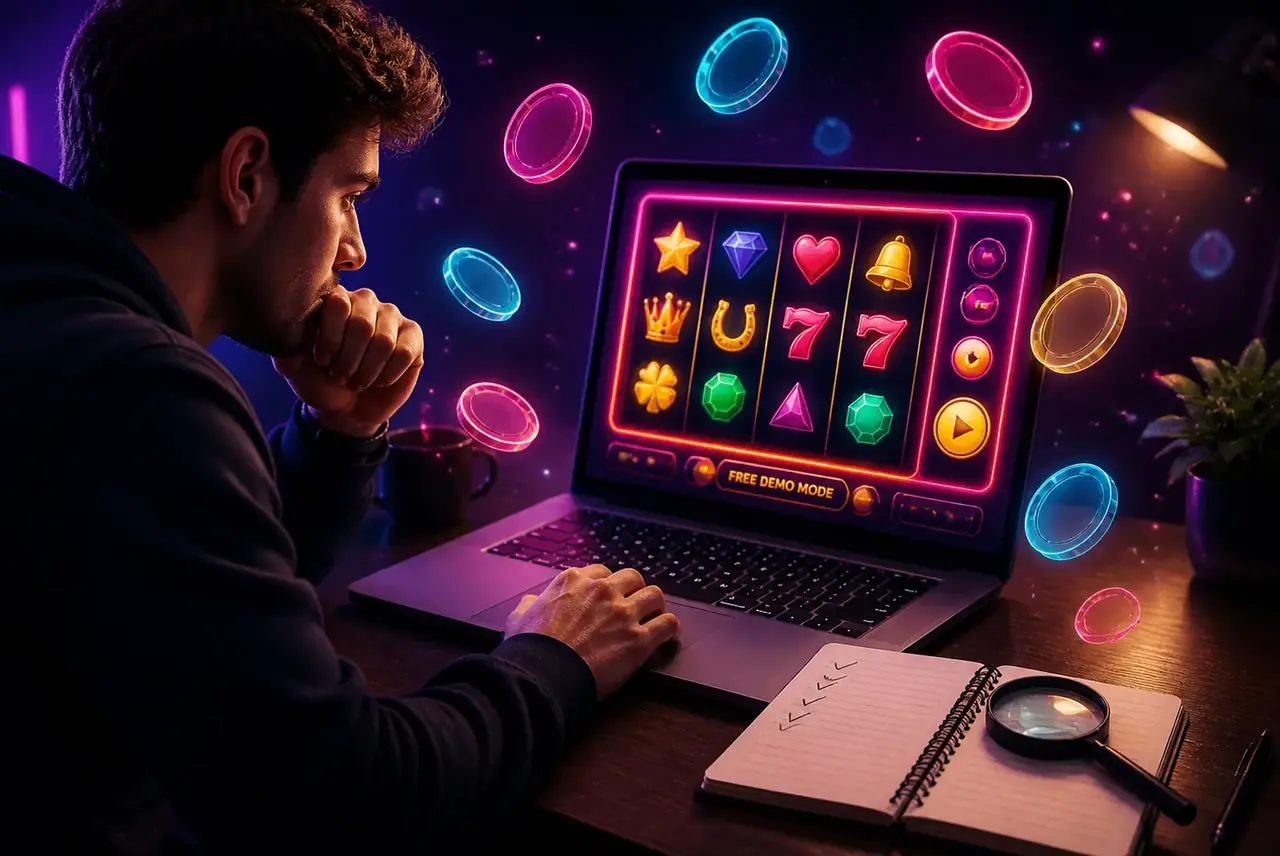 Игрок изучает слот в демо-режиме с лупой и блокнотом