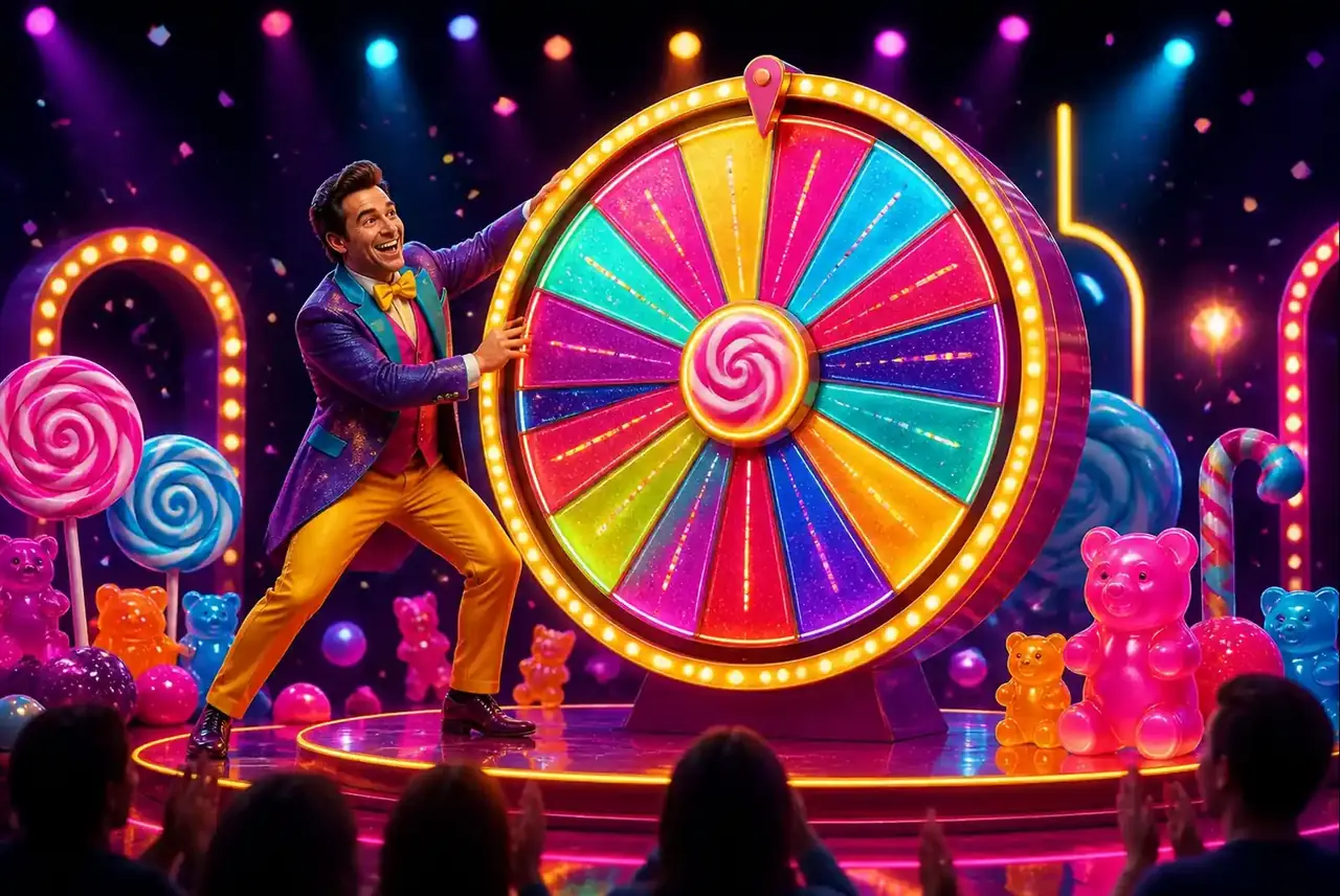 Ведущий вращает конфетное колесо в шоу Sweet Bonanza CandyLand
