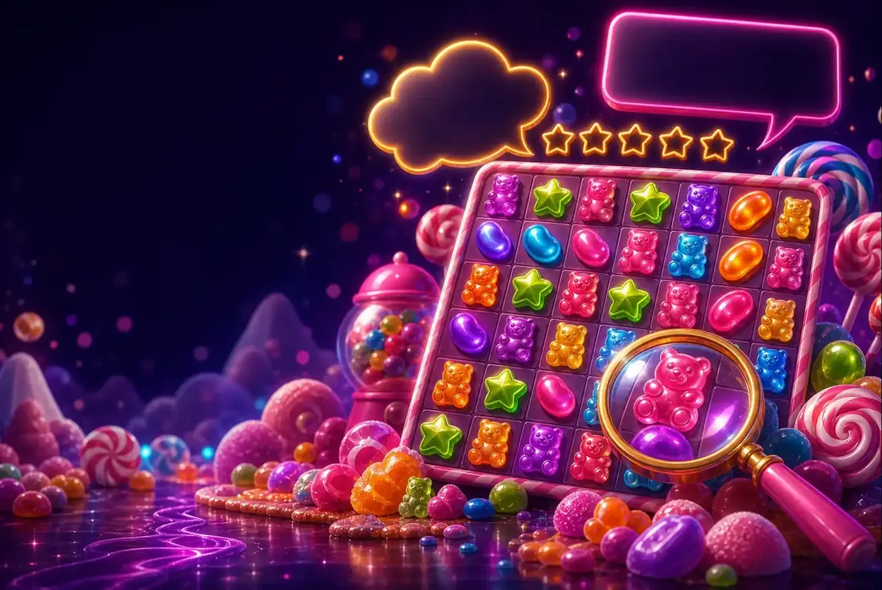 Ключевой арт Sugar Rush: конфетный мир, лупа над барабаном и пустые облачка