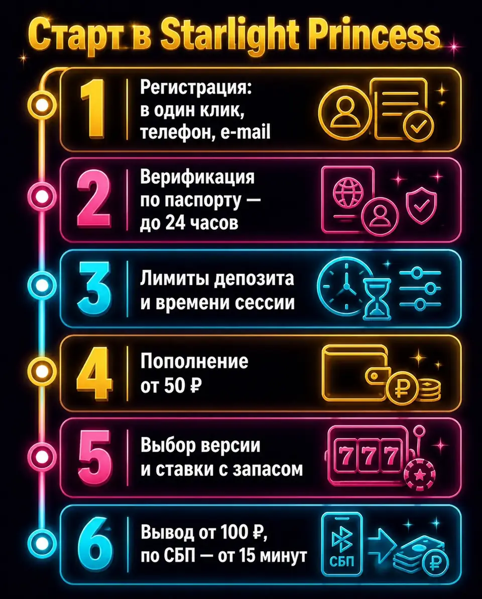 Шаги регистрации, пополнения и вывода для игры в Starlight Princess