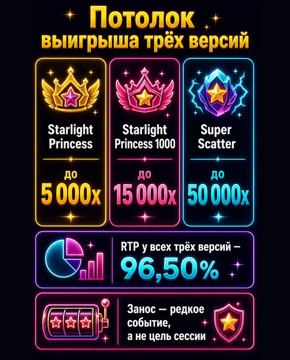 Сравнение максимального выигрыша трёх версий Starlight Princess