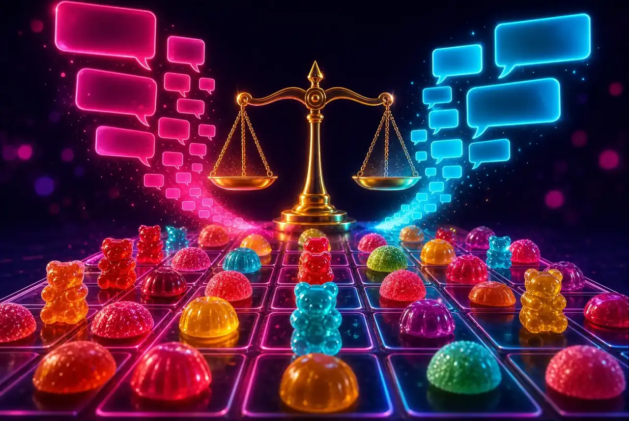 Облачка мнений игроков над полем Sugar Rush и весы фактов