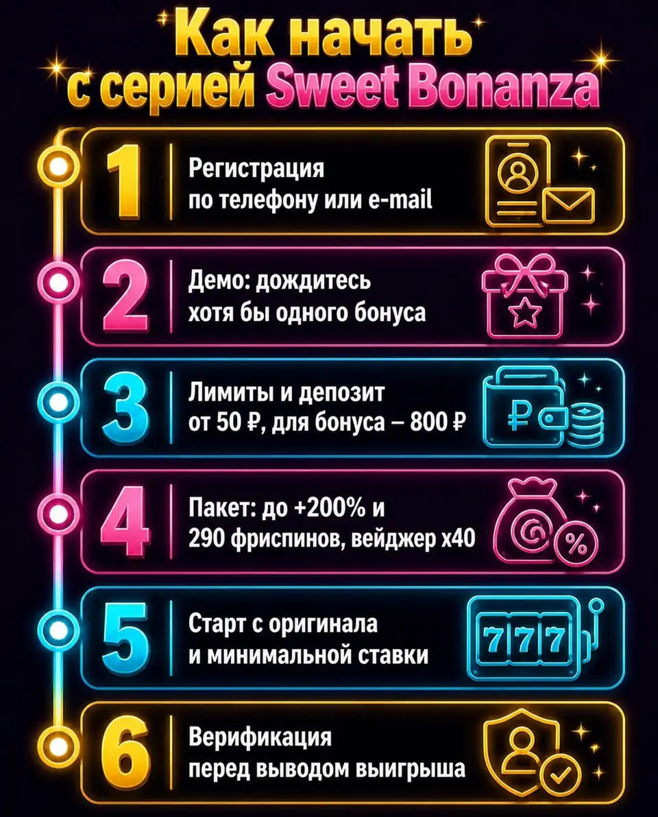 Таймлайн старта в серии Sweet Bonanza: демо, депозит, бонус, вывод
