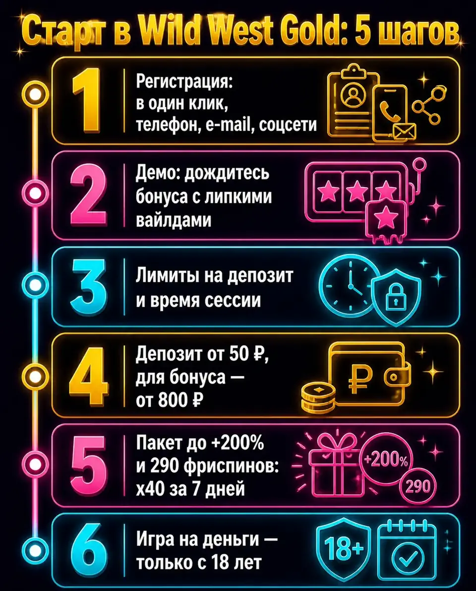 Инфографика: пять шагов, чтобы начать играть в слоты Wild West Gold