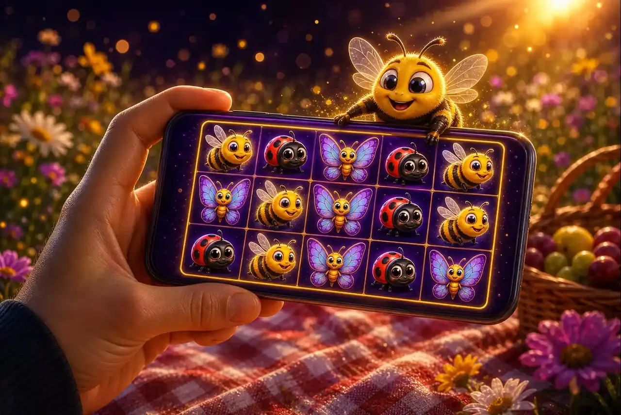 Рука держит смартфон со слотом 3 Buzzing Wilds на цветочной поляне