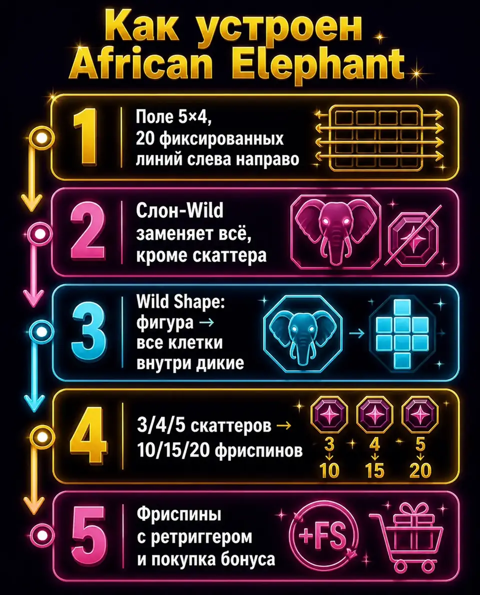 Схема механики African Elephant: дикий слон, Wild Shape и фриспины