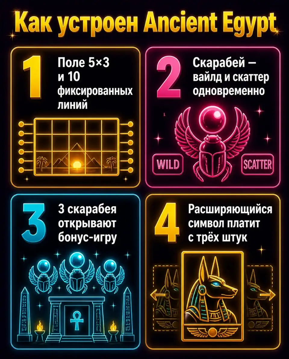 Инфографика: поле 5×3, 10 линий, скарабей и расширяющийся символ