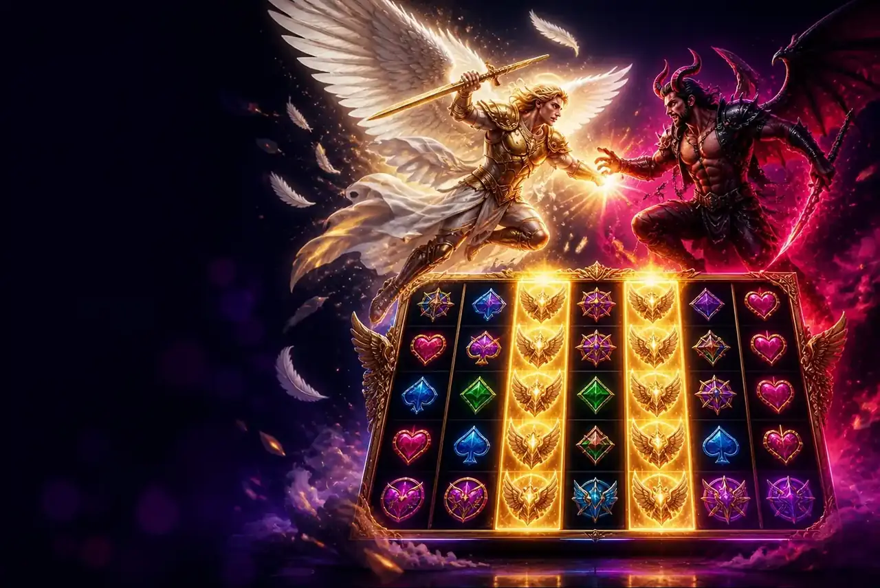 Ангел и крылатый Грешник сражаются над золотым полем слота Angel vs Sinner