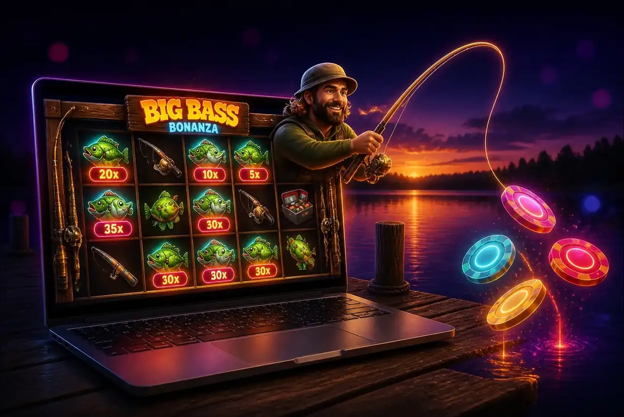 Демо Big Bass Bonanza на ноутбуке у озера с мультяшным рыбаком