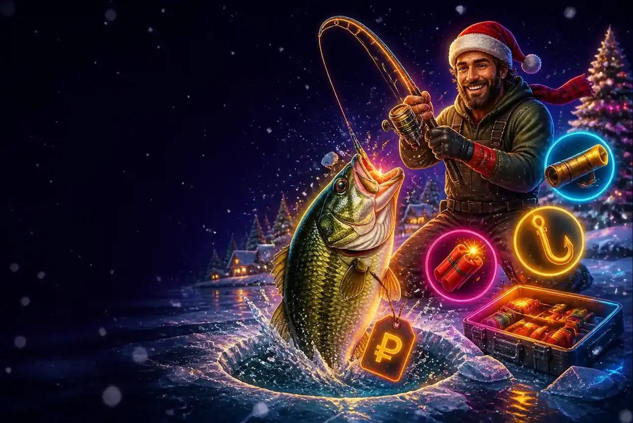 Big Bass Christmas Bash: рыбак в шапке Санты на зимнем озере