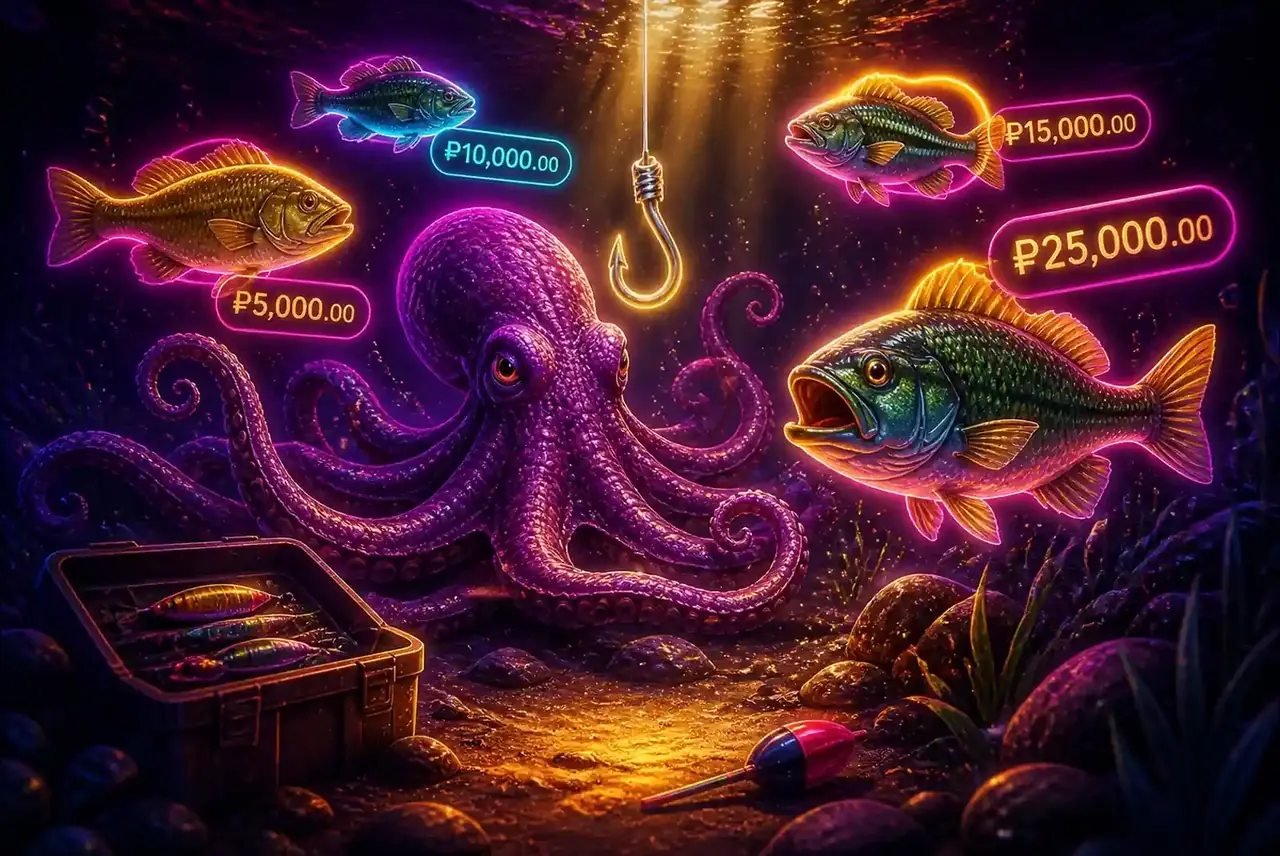 Символы Big Bass Floats My Boat: рыбы, рыбак и осьминог