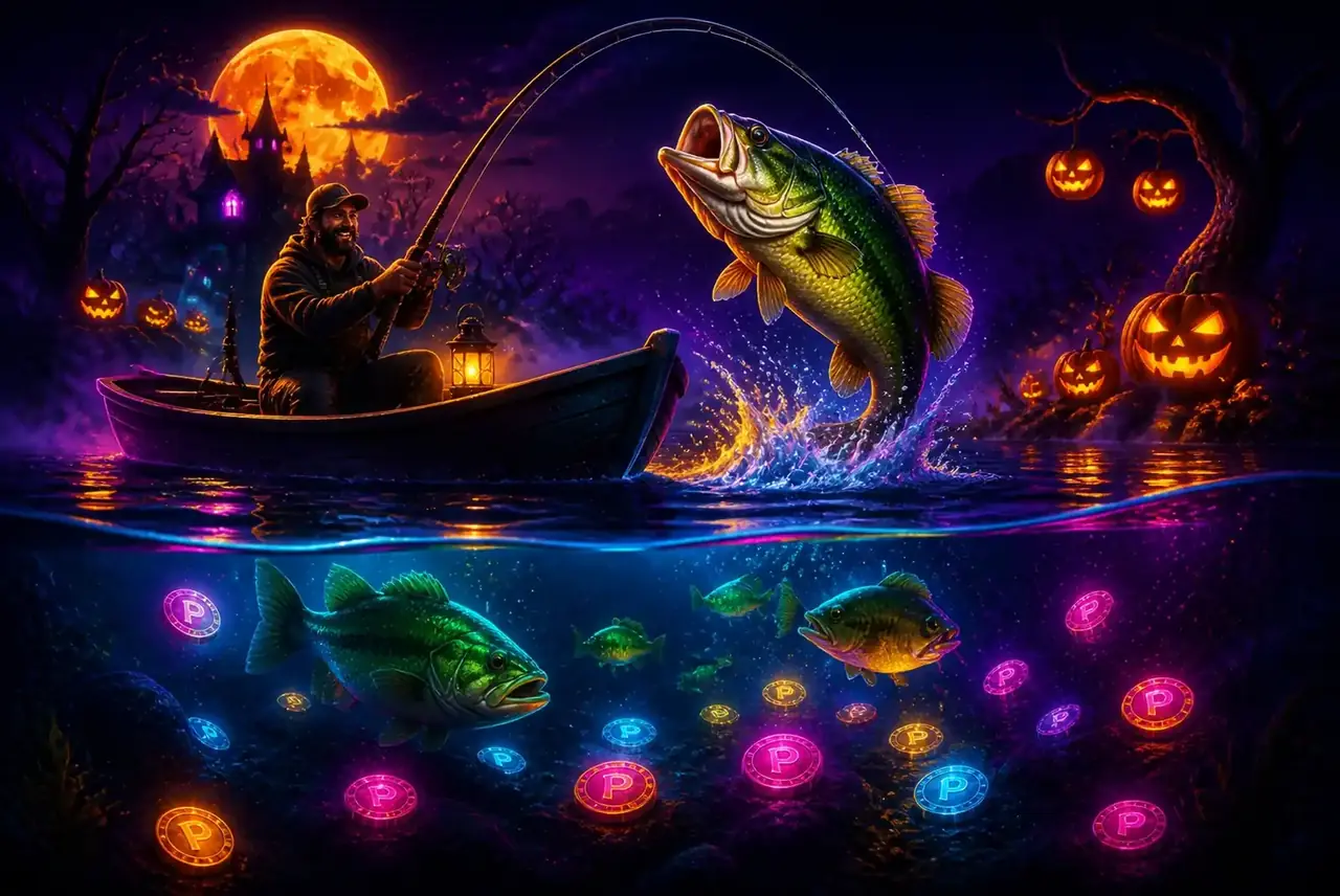 Рыбак в лодке на ночном озере — оформление Big Bass Halloween