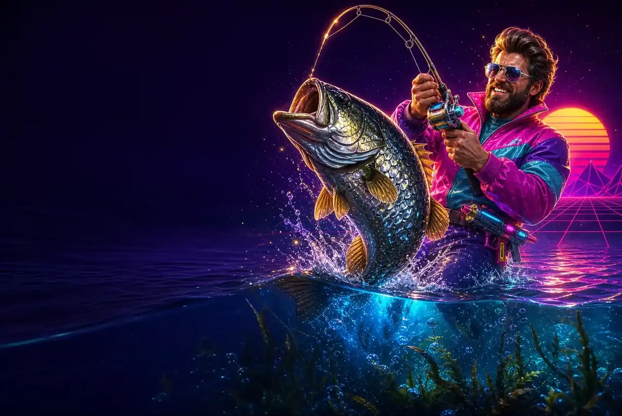 Рыбак в стиле 80-х вытаскивает футуристическую рыбу — Big Bass Reel Repeat