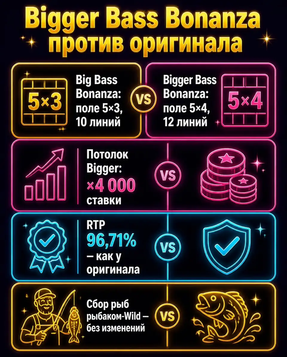 Сравнение Bigger Bass Bonanza с оригиналом: поле, линии, максимальный выигрыш