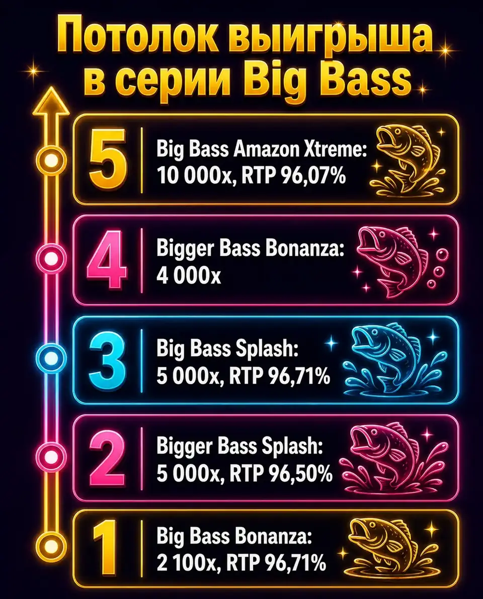 Шкала максимальных выигрышей слотов серии Big Bass