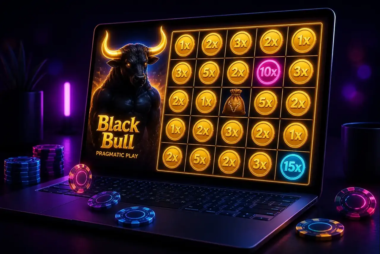 Ноутбук с демо-версией слота Black Bull: бык, монеты и мешок