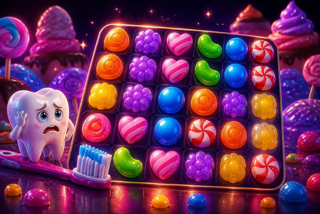 Пастельные конфеты и зубная щётка в оформлении Candy Blitz