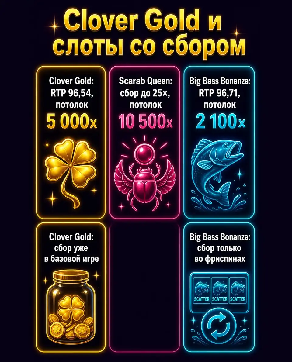 Сравнение Clover Gold, Scarab Queen и Big Bass Bonanza