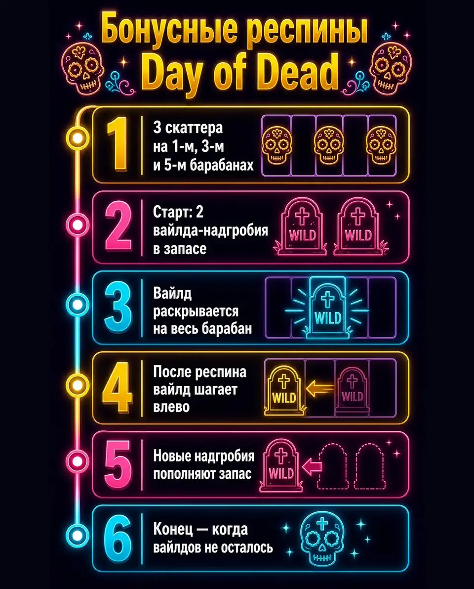 Шаги бонусных респинов Day of Dead с шагающими вайлдами