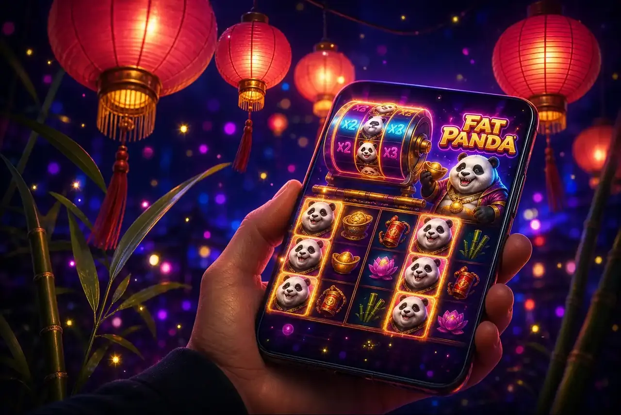 Смартфон со слотом Fat Panda под красными фонарями ночью
