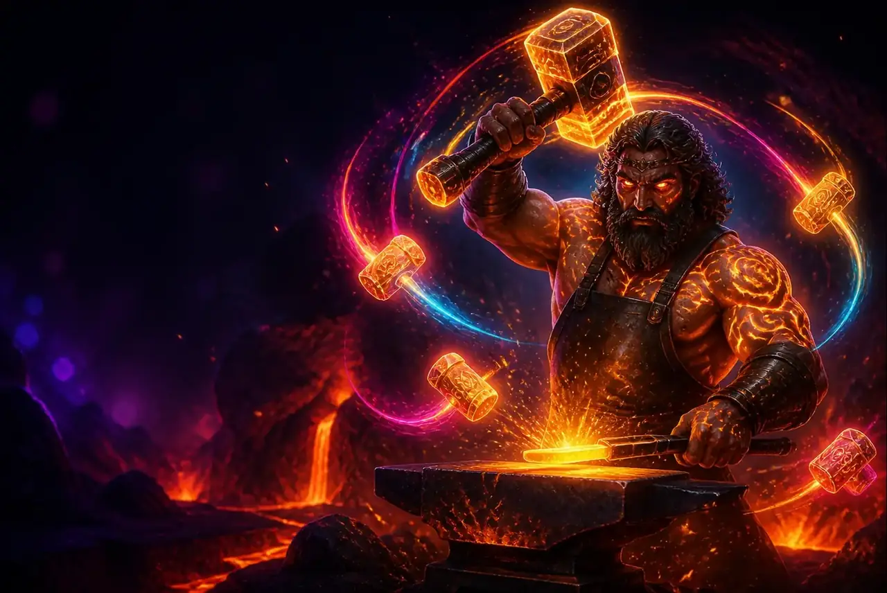Гефест с молотом в кузнице внутри вулкана — слот Forge of Olympus