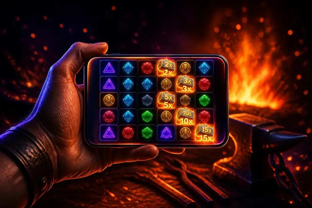 Forge of Olympus на смартфоне на фоне огня кузницы