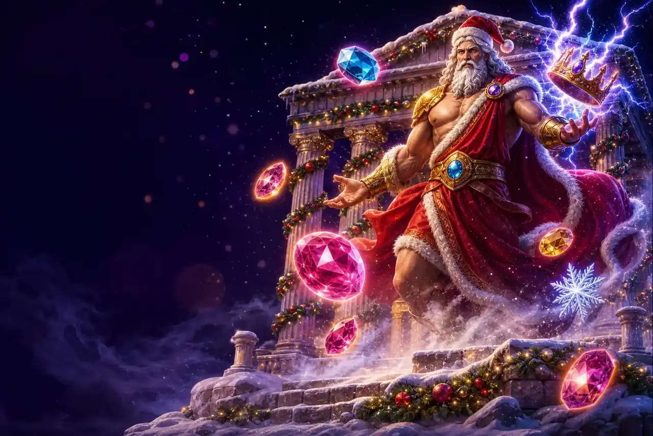 Зевс в колпаке Санты у заснеженного храма — Gates of Olympus Xmas 1000