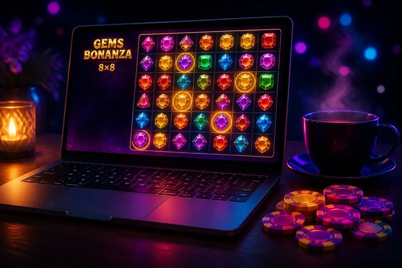 Ноутбук с бесплатной демо-версией Gems Bonanza и игровыми фишками