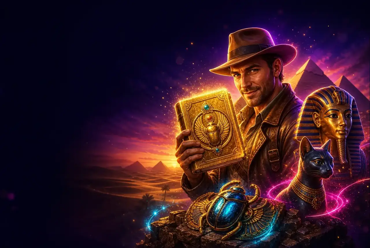 Джон Хантер с золотой книгой у пирамид — Book of Tut