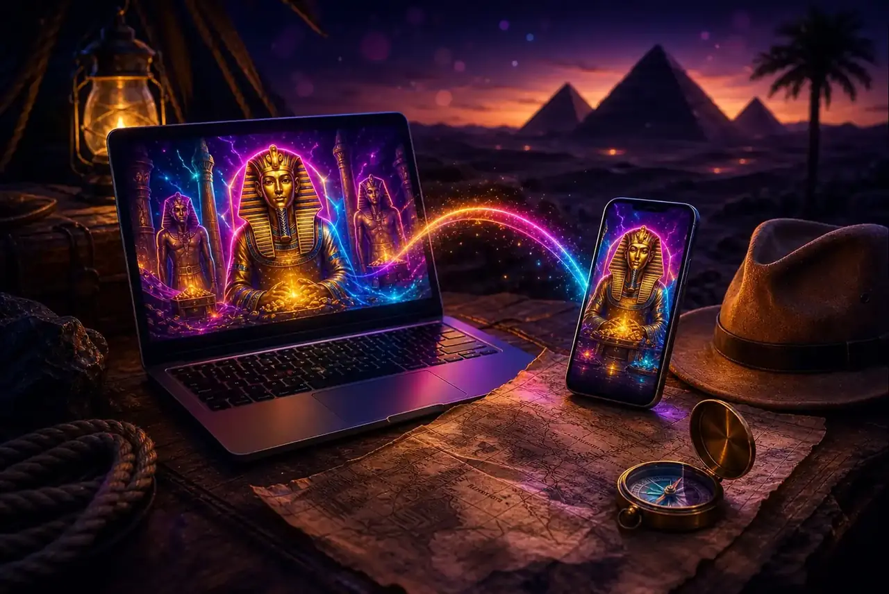 Ноутбук и телефон на столе исследователя с демо Book of Tut