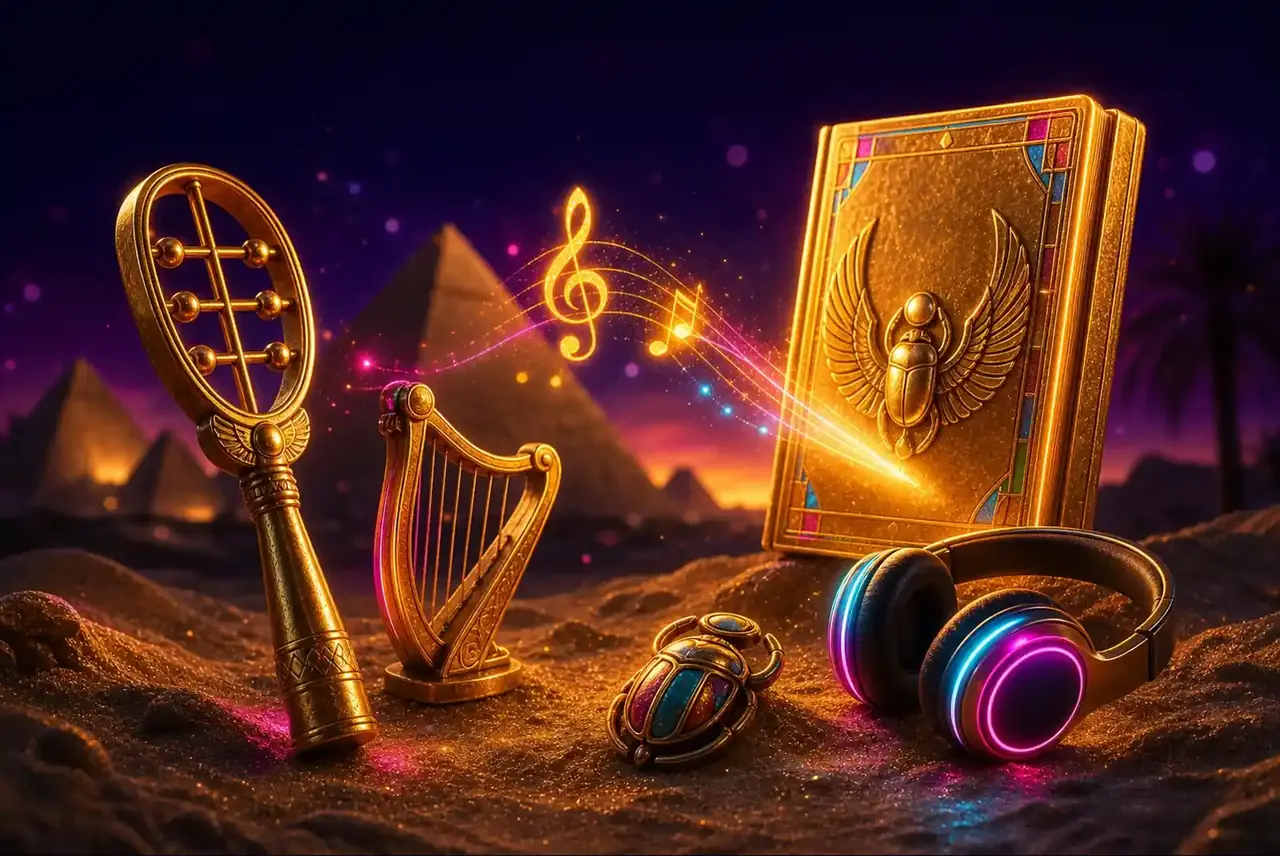Систр, арфа и наушники на песке — звук Book of Tut
