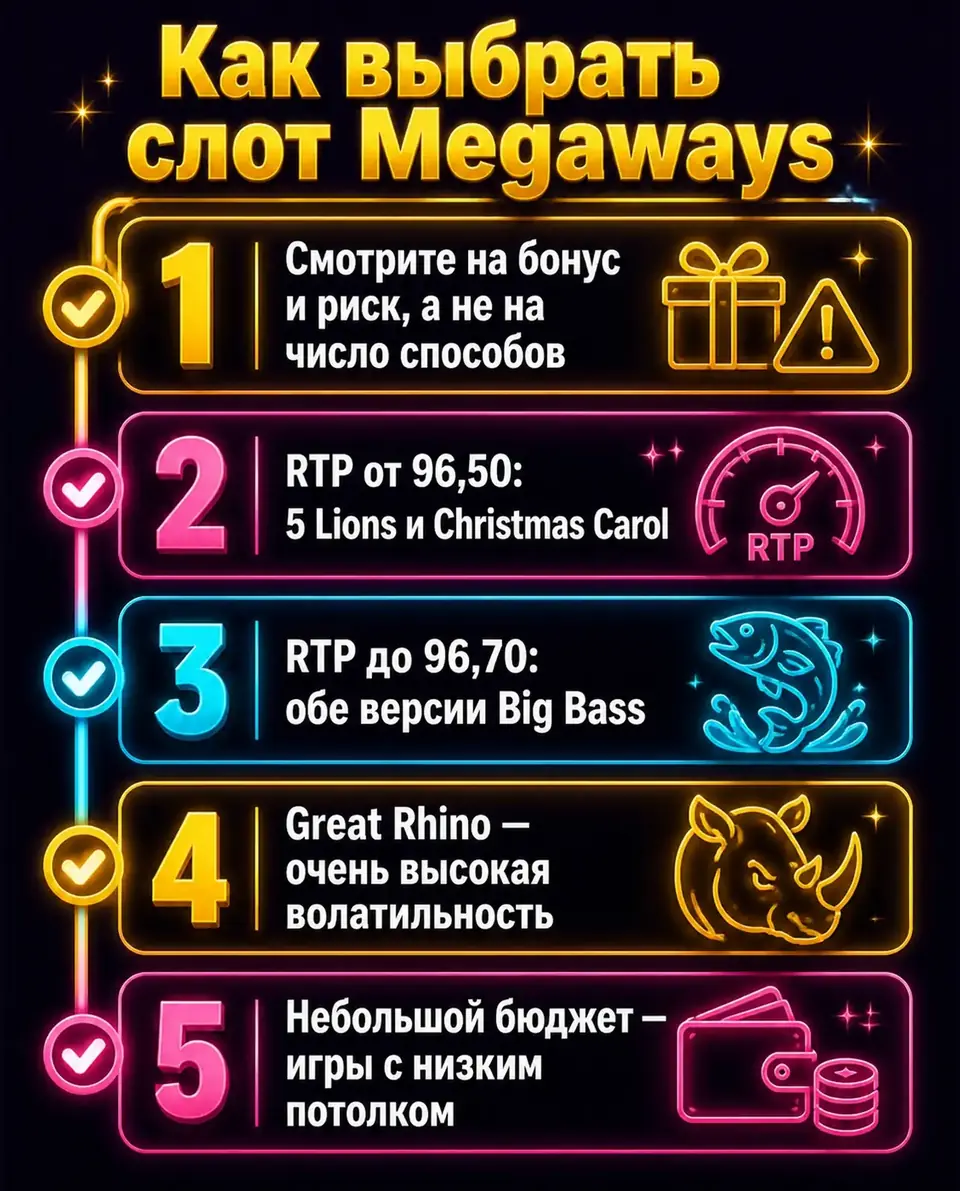 Критерии выбора слота Megaways: бонус, RTP, волатильность и потолок