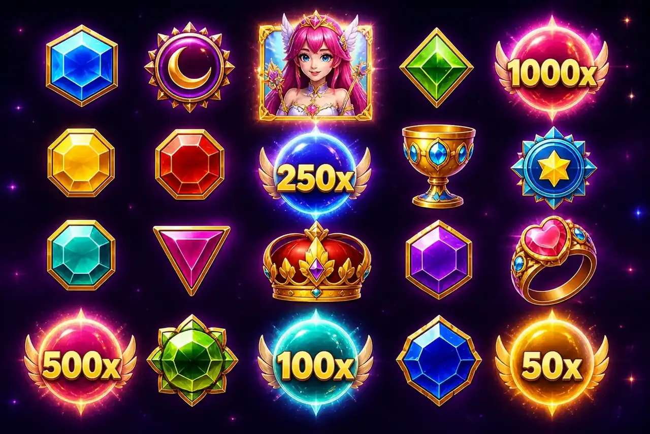 Символы Starlight Princess 1000: камни, предметы принцессы и множители