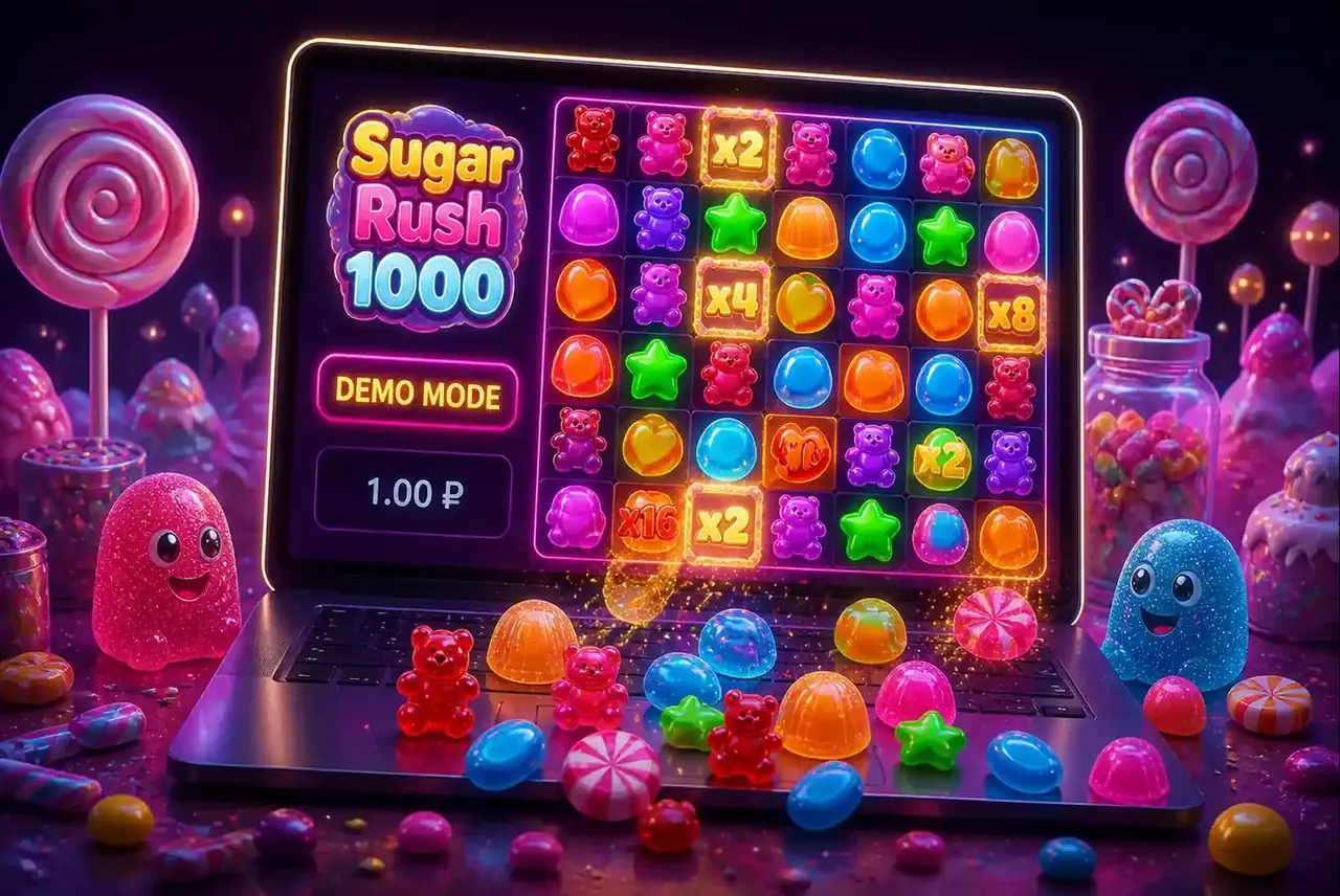 Ноутбук с демо-версией Sugar Rush 1000 и конфетами на поле 7×7