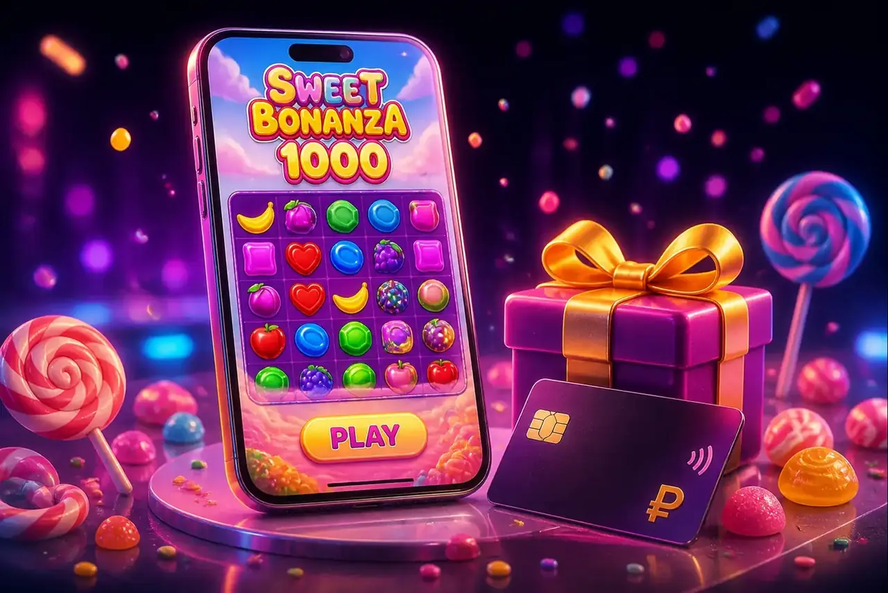 Смартфон со Sweet Bonanza 1000 и подарочной коробкой приветственного бонуса