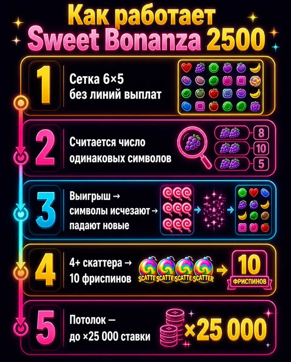Схема механики Sweet Bonanza 2500: каскады и фриспины
