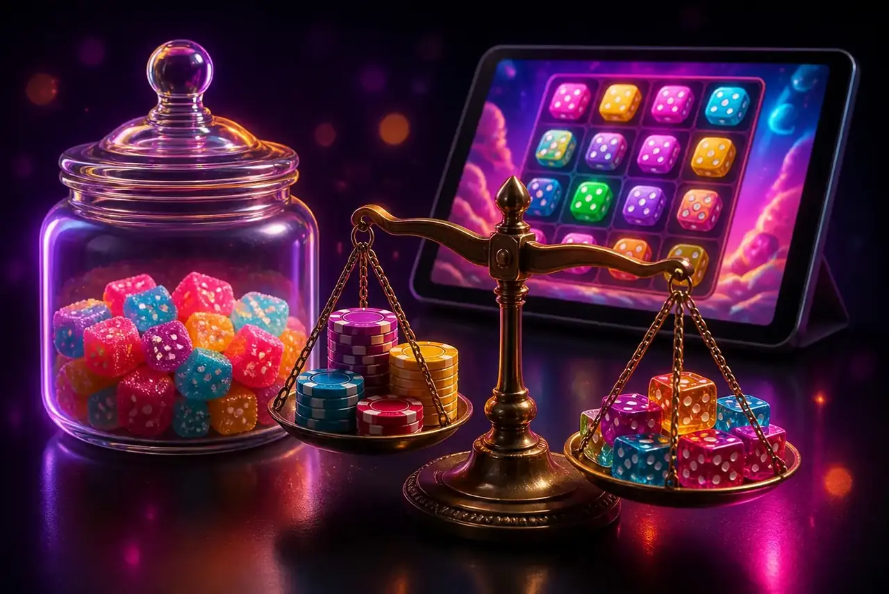 Весы с фишками и кубиками — бюджет и Bonus Bet в Sweet Bonanza Dice
