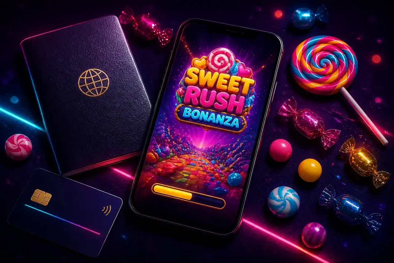 Начало игры в Sweet Rush Bonanza: смартфон, паспорт и карта