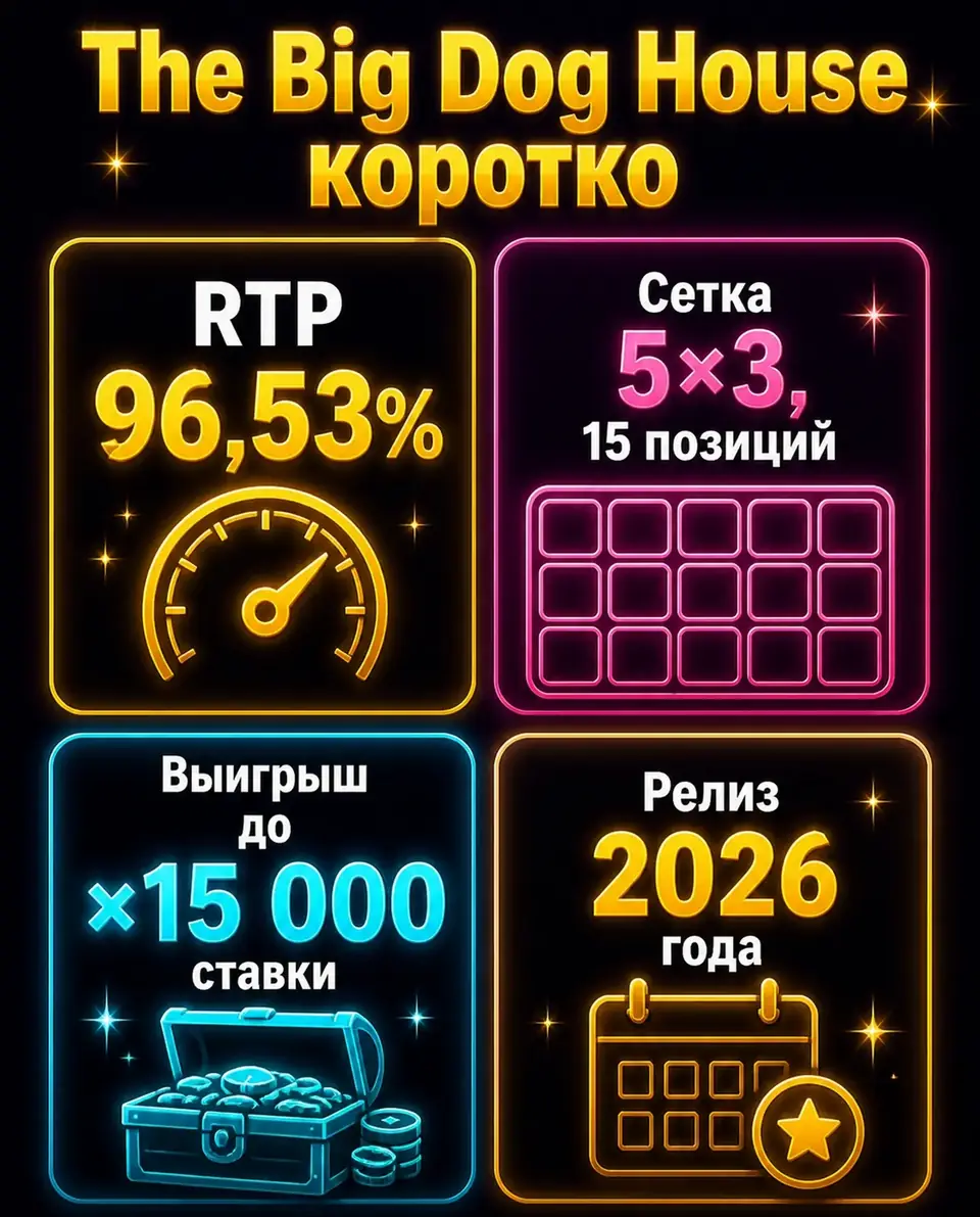 Карточки с ключевыми параметрами слота The Big Dog House