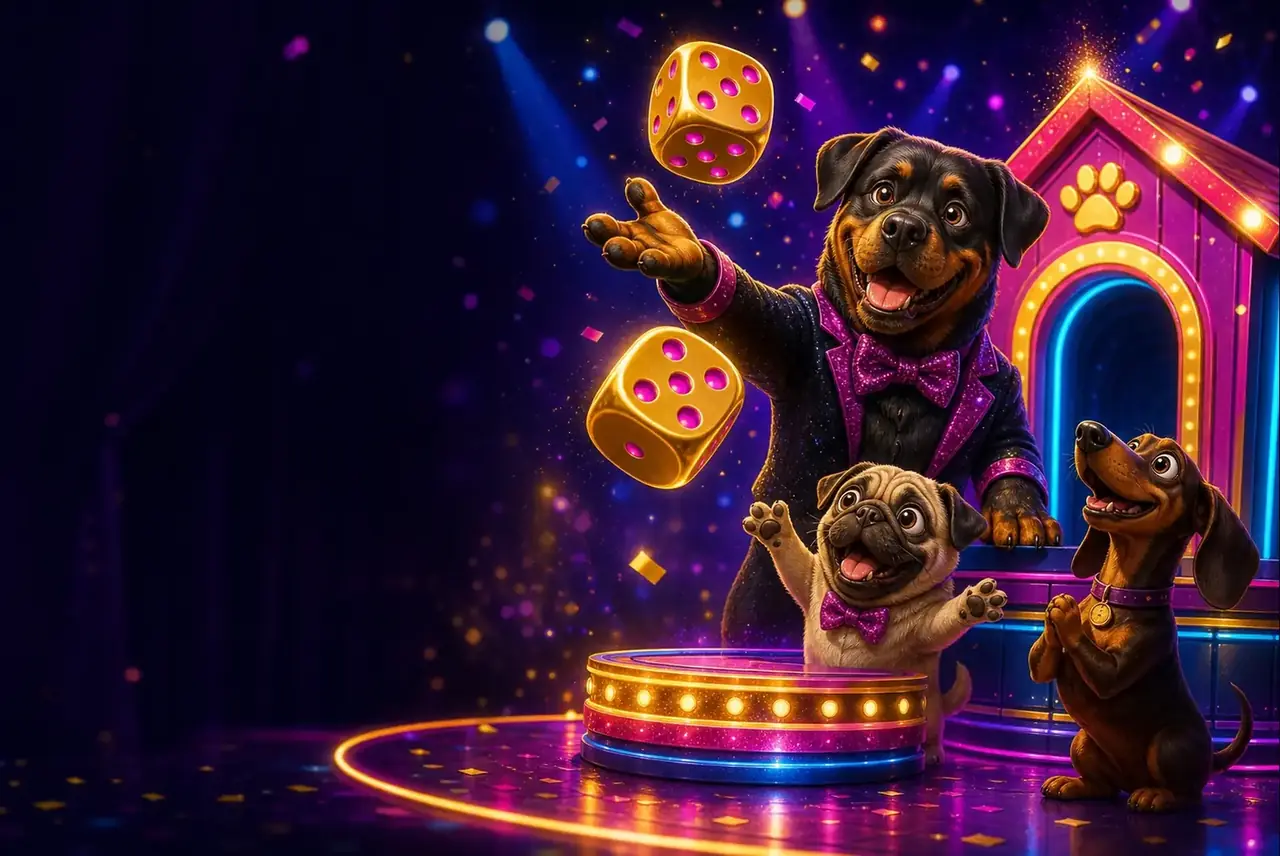 Ротвейлер бросает золотые кости на сцене шоу — The Dog House Dice Show