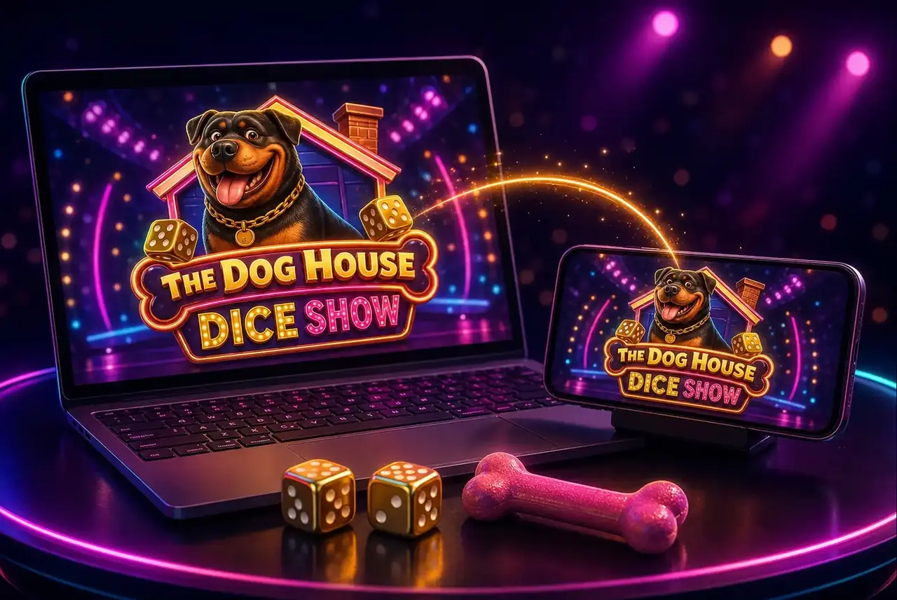 Ноутбук и смартфон на столе ведущего с демо The Dog House Dice Show