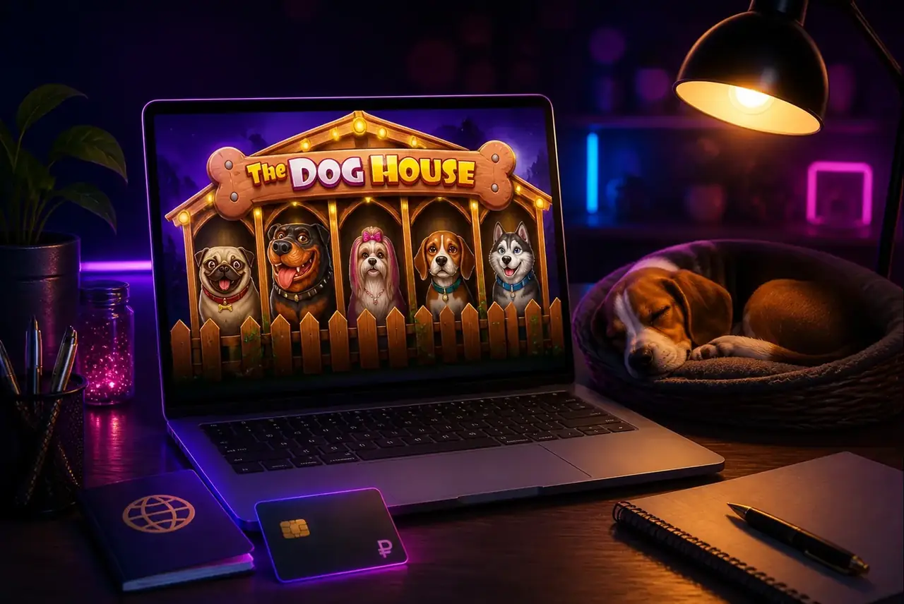 Ноутбук с The Dog House, документы и собака — начало игры