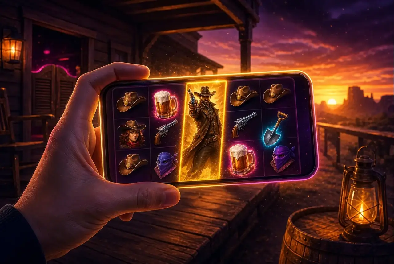 Смартфон со сценой дуэли Wild West Duels у салуна