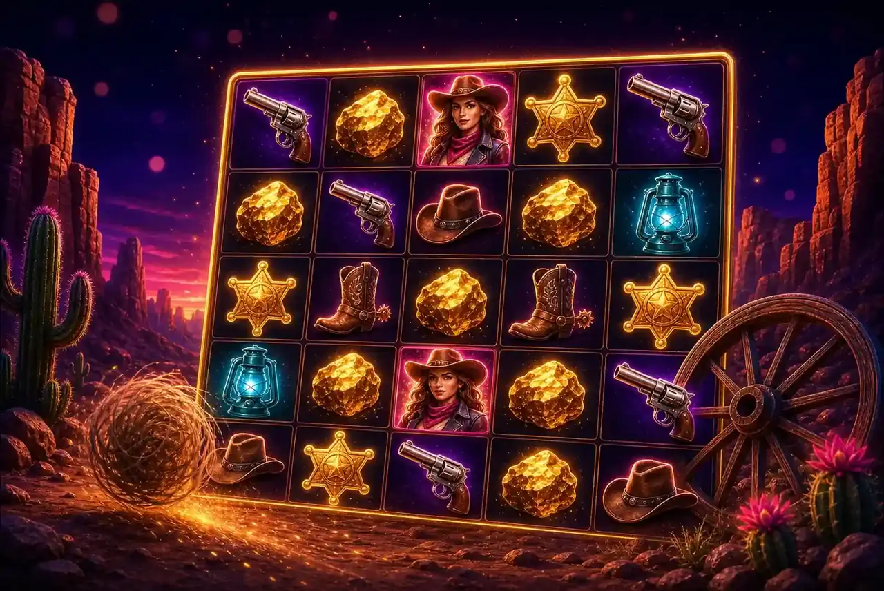 Каньон, кактусы и поле 5×5 в оформлении Wild West Gold Blazing Bounty