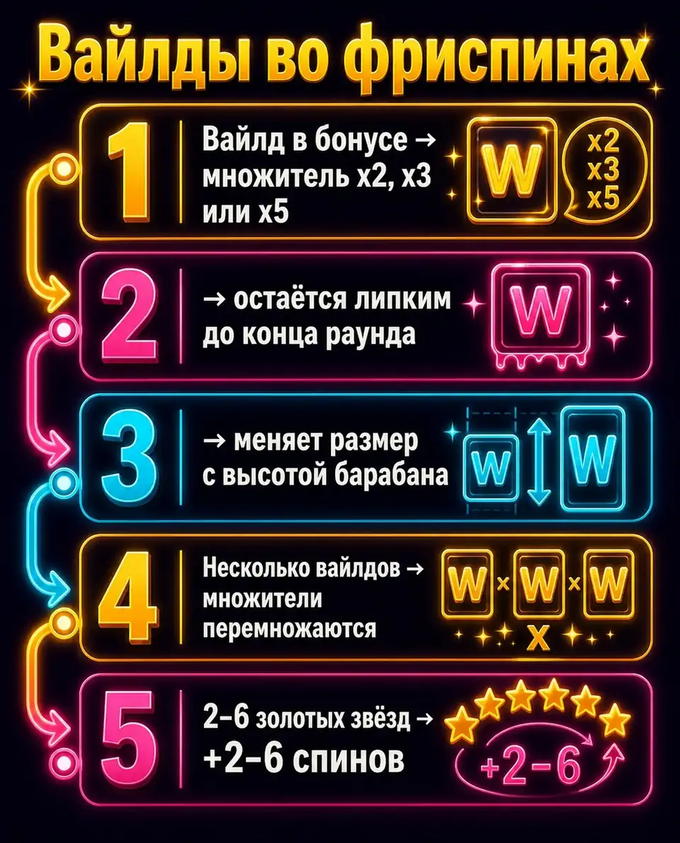 Схема работы липких вайлдов в бонусе Wild West Gold Megaways