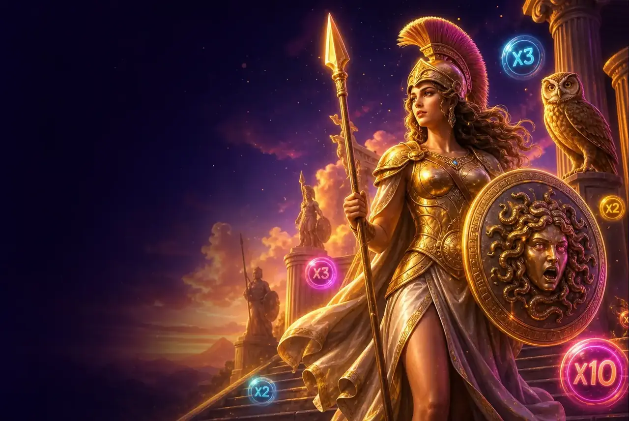 Богиня Афина со щитом у храма на Олимпе — слот Wisdom of Athena